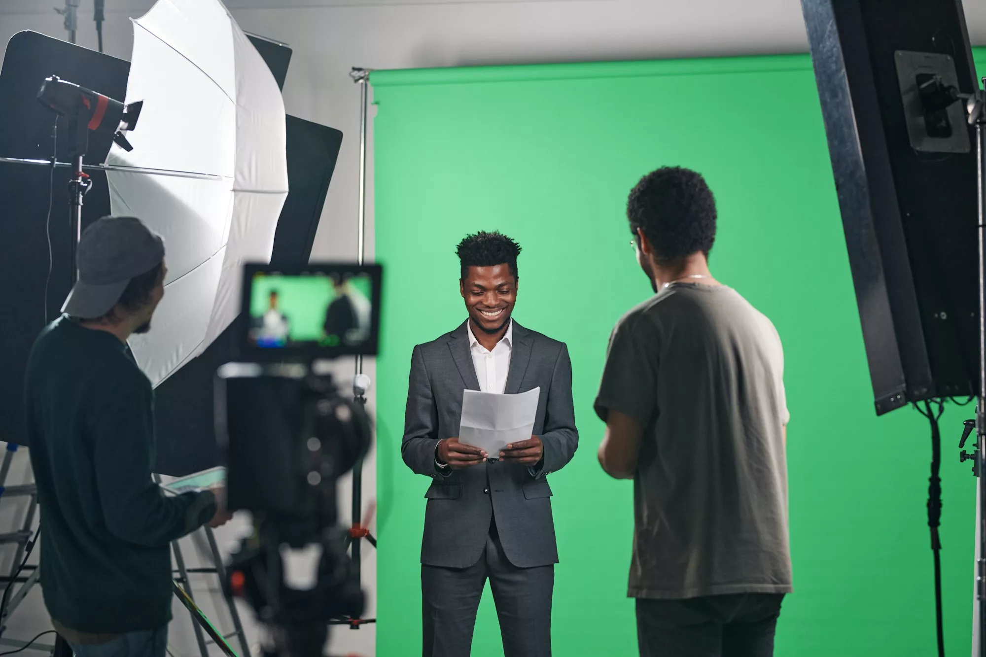 Reviewing the script during pre-production for a corporate video shoot