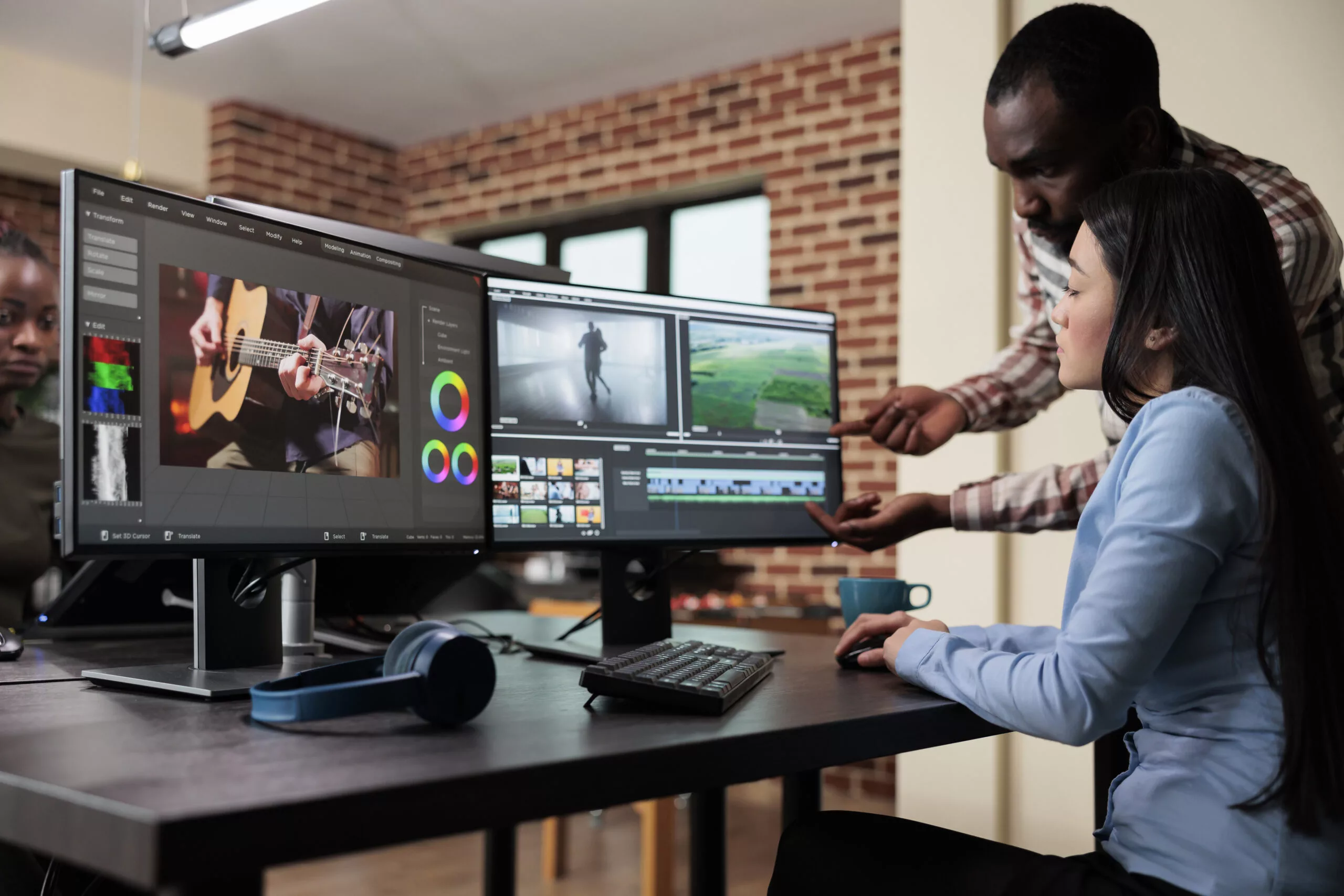 Video editors working through revisions in post-production