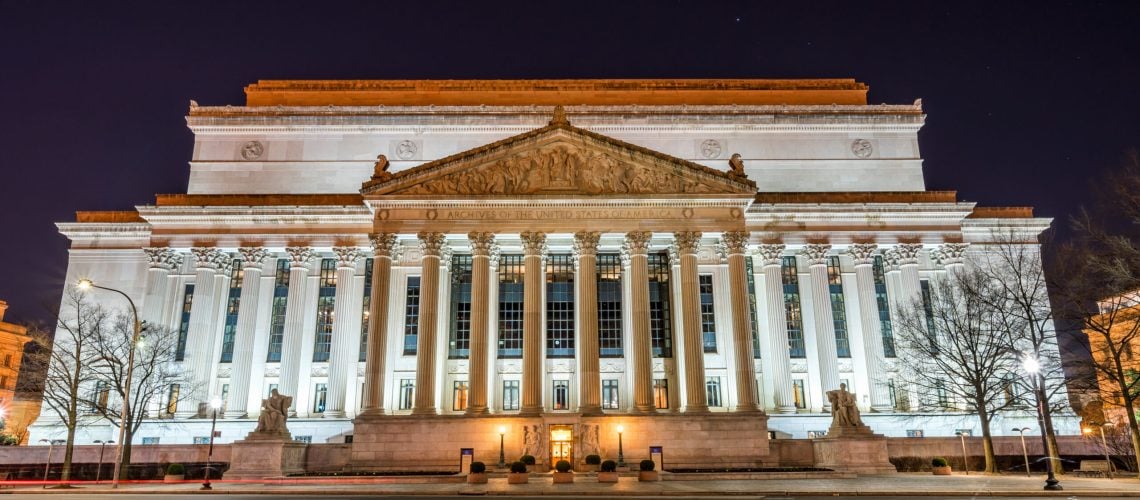 archives of the united states of america at night, washington DC, United States, USA downtown, Architecture and Landmark with transportation concept