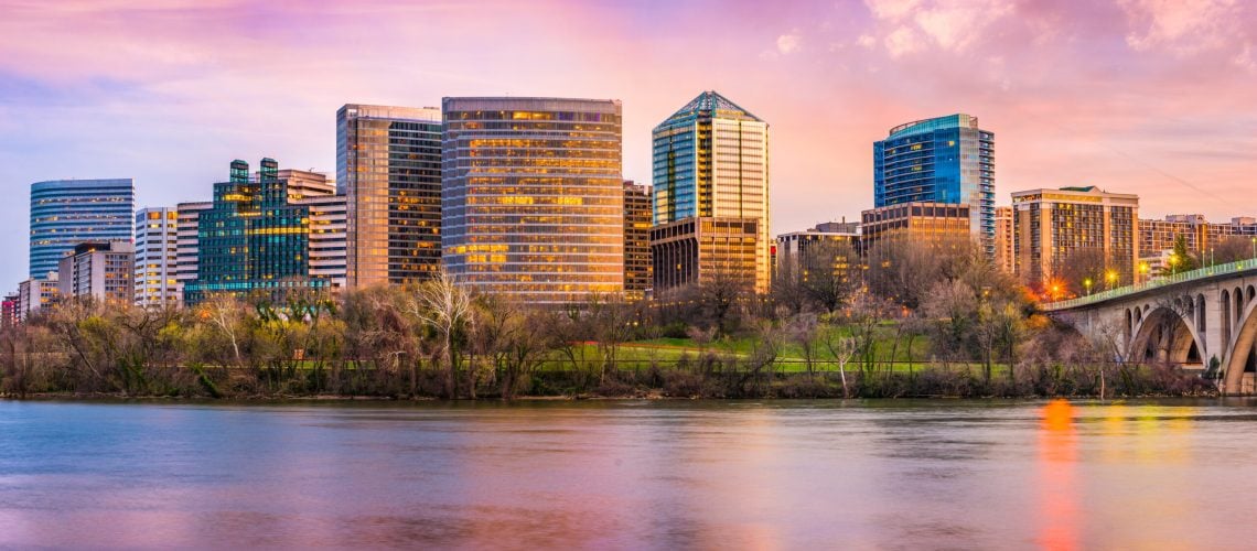 Rosslyn, Arlington, Virginia, USA skyline on the Potomac River.